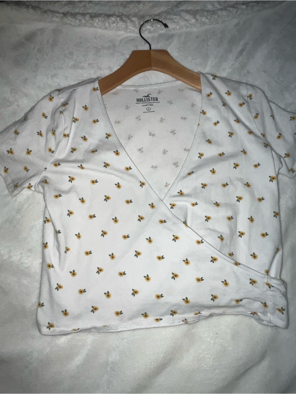 Hollister White Wrap Crop Top with Small Yellow Floral Print